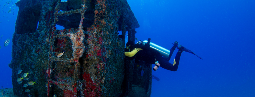 Diver exploring underwater shipwreck